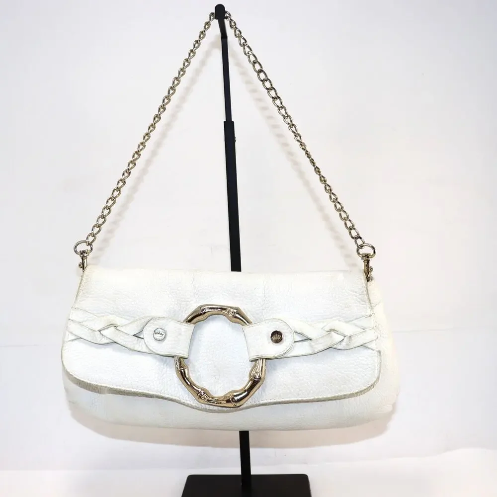 Elaine Turner White Leather Chain Shoulder Bag‎ Bamboo Ring Accent